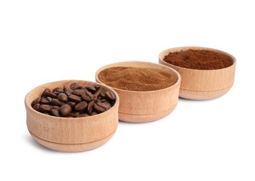 Photo of Bowls of beans, instant and ground coffee on white background