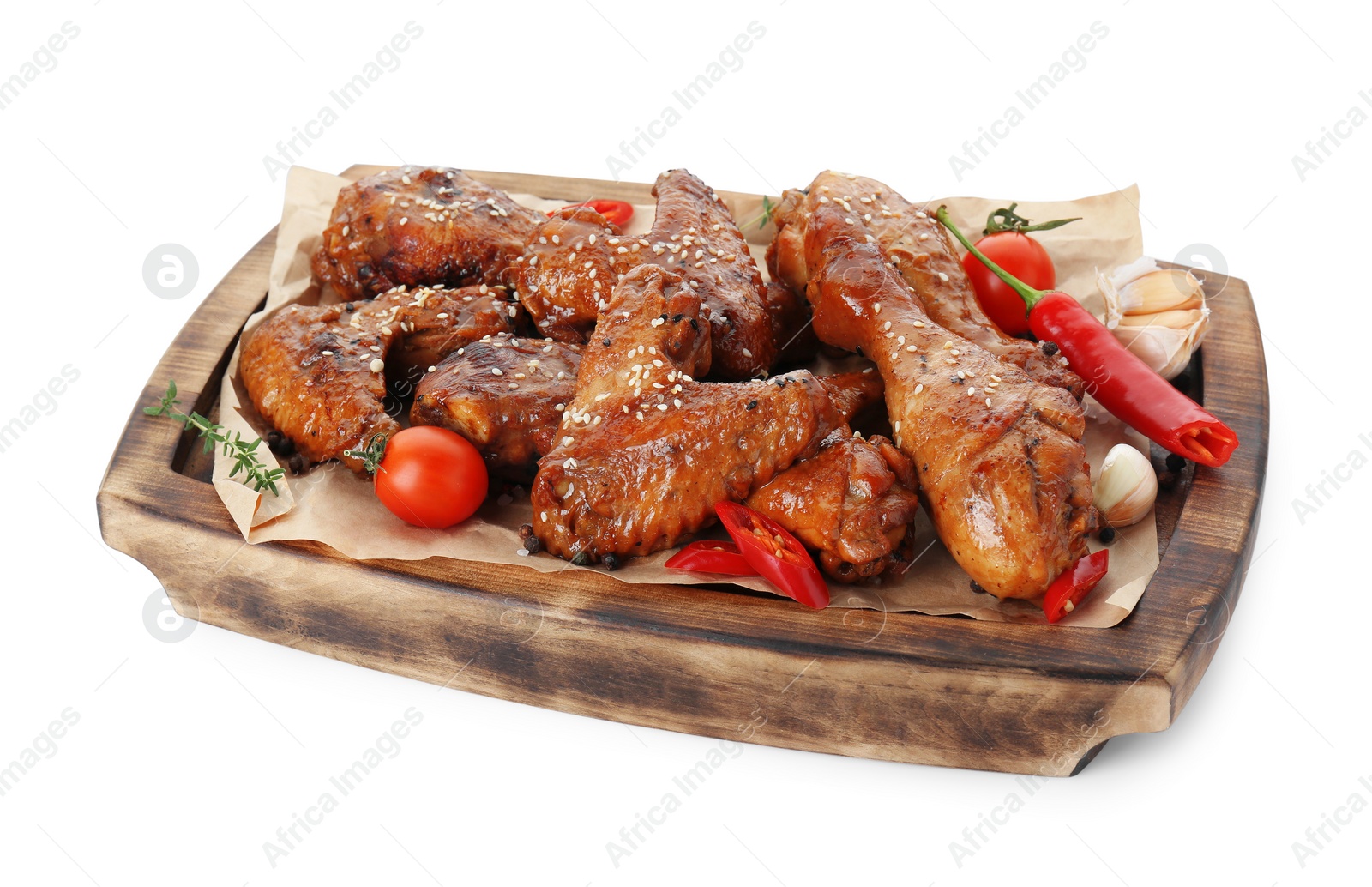 Photo of Tasty chicken glazed in soy sauce and different products isolated on white