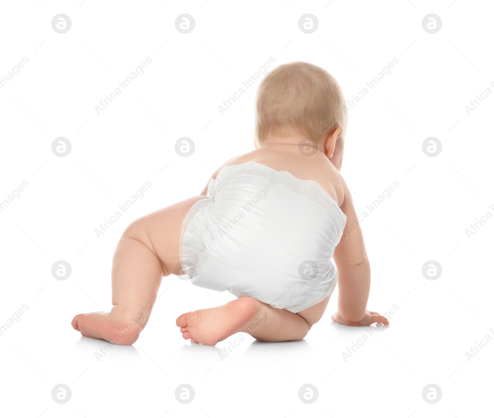 Photo of Cute little baby crawling on white background