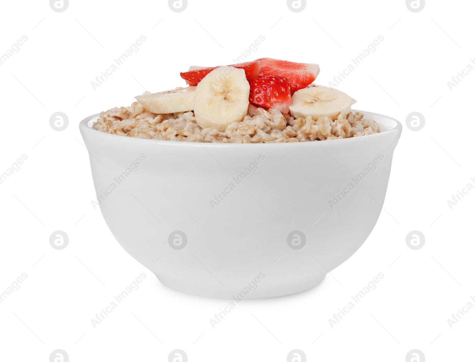 Photo of Tasty boiled oatmeal with strawberry and banana in bowl isolated on white