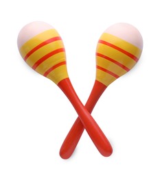Photo of Colorful maracas on white background, top view. Musical instrument