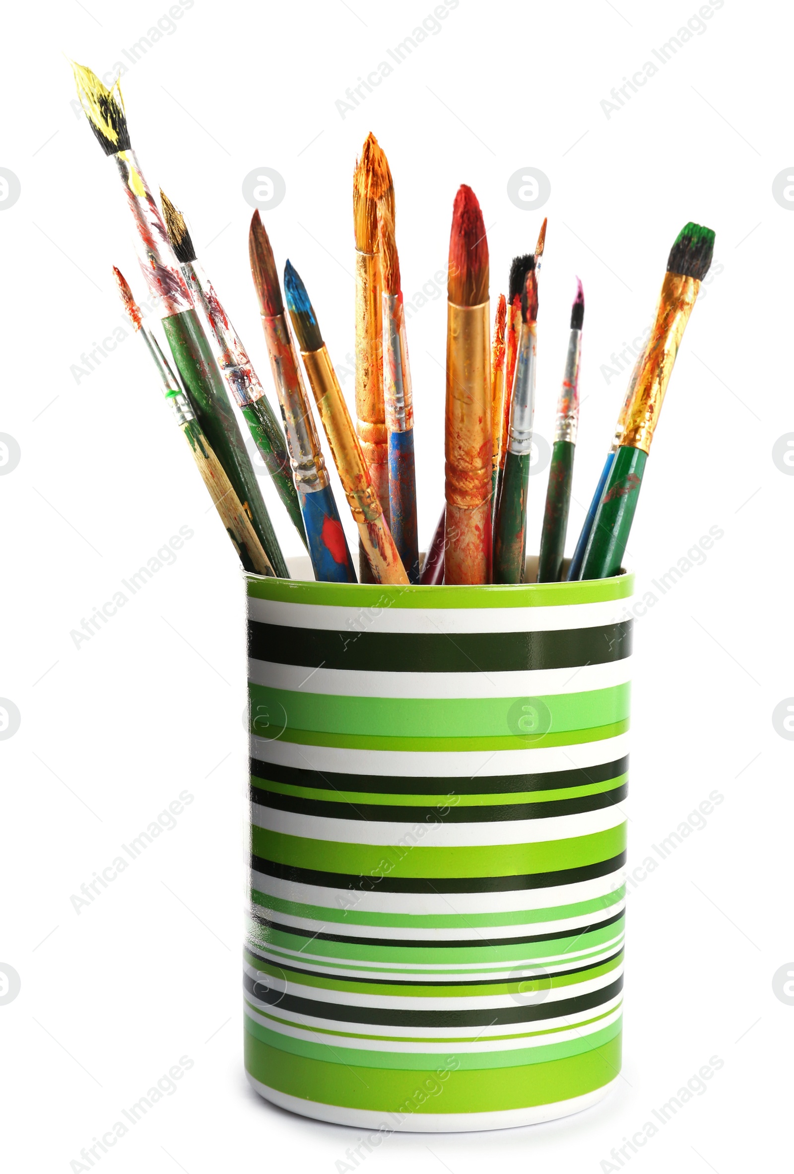 Photo of Holder with different paint brushes on white background