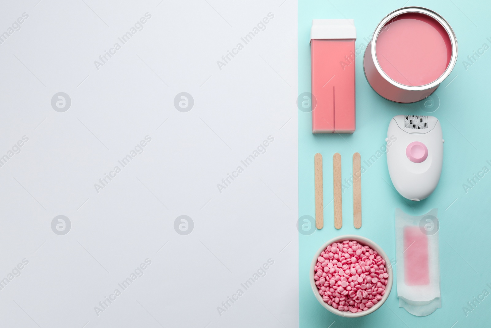 Photo of Set of epilation products on color background, flat lay. Space for text