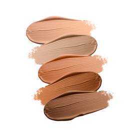 Image of Foundation of various shades for different skin tones isolated on white, top view. Set of samples