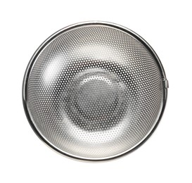 Photo of One clean empty colander isolated on white, top view