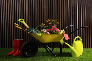Wheelbarrow with plants, gardening tools and accessories on green grass near wood slat wall