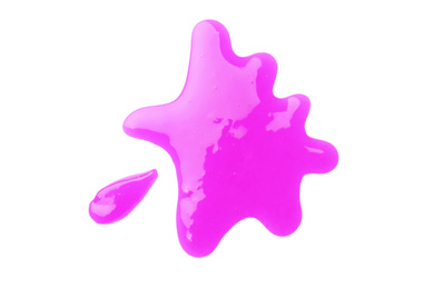 Photo of Splash of magenta slime isolated on white, top view. Antistress toy