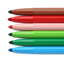 Many different colorful markers on white background, top view