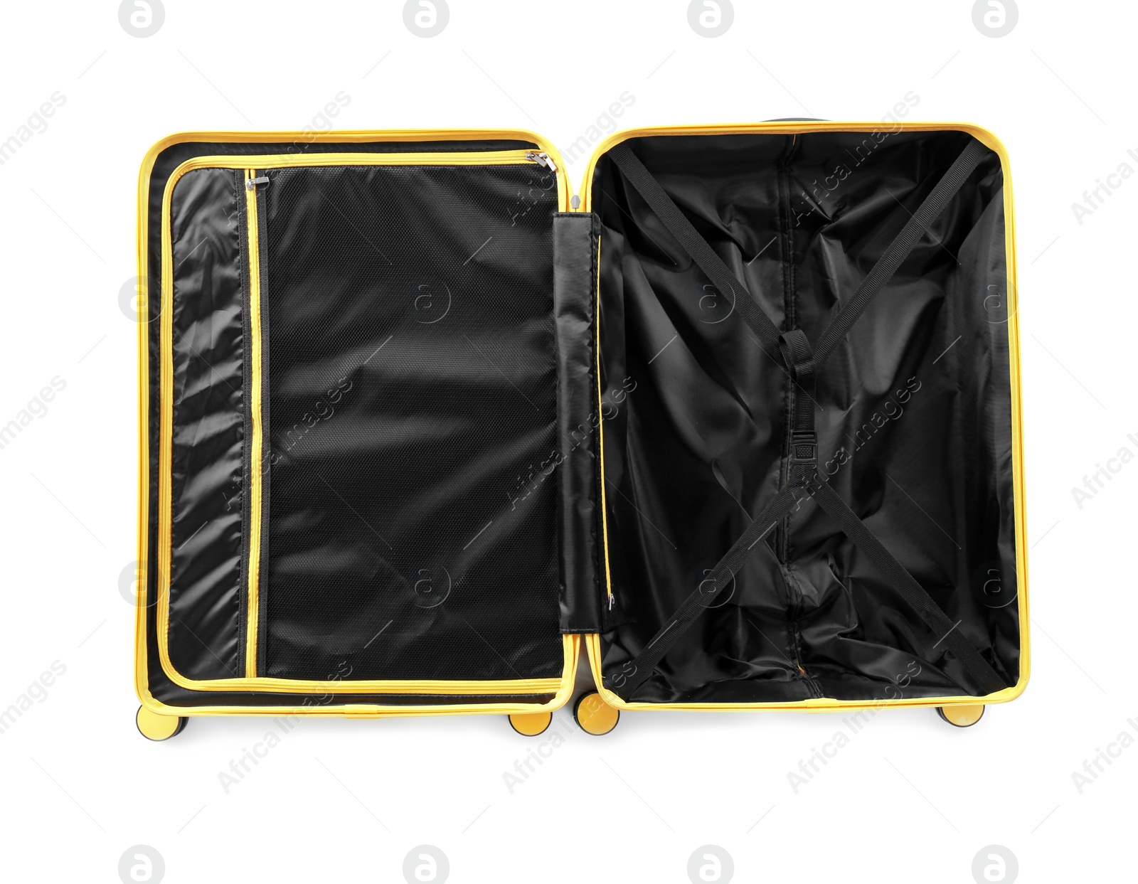 Photo of Open suitcase for travelling on white background, top view