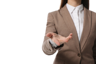 Photo of Businesswoman holding something on white background, closeup