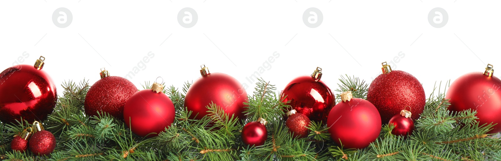 Photo of Fir tree branches with Christmas decoration on white background