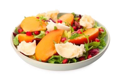 Plate with delicious persimmon salad on white background