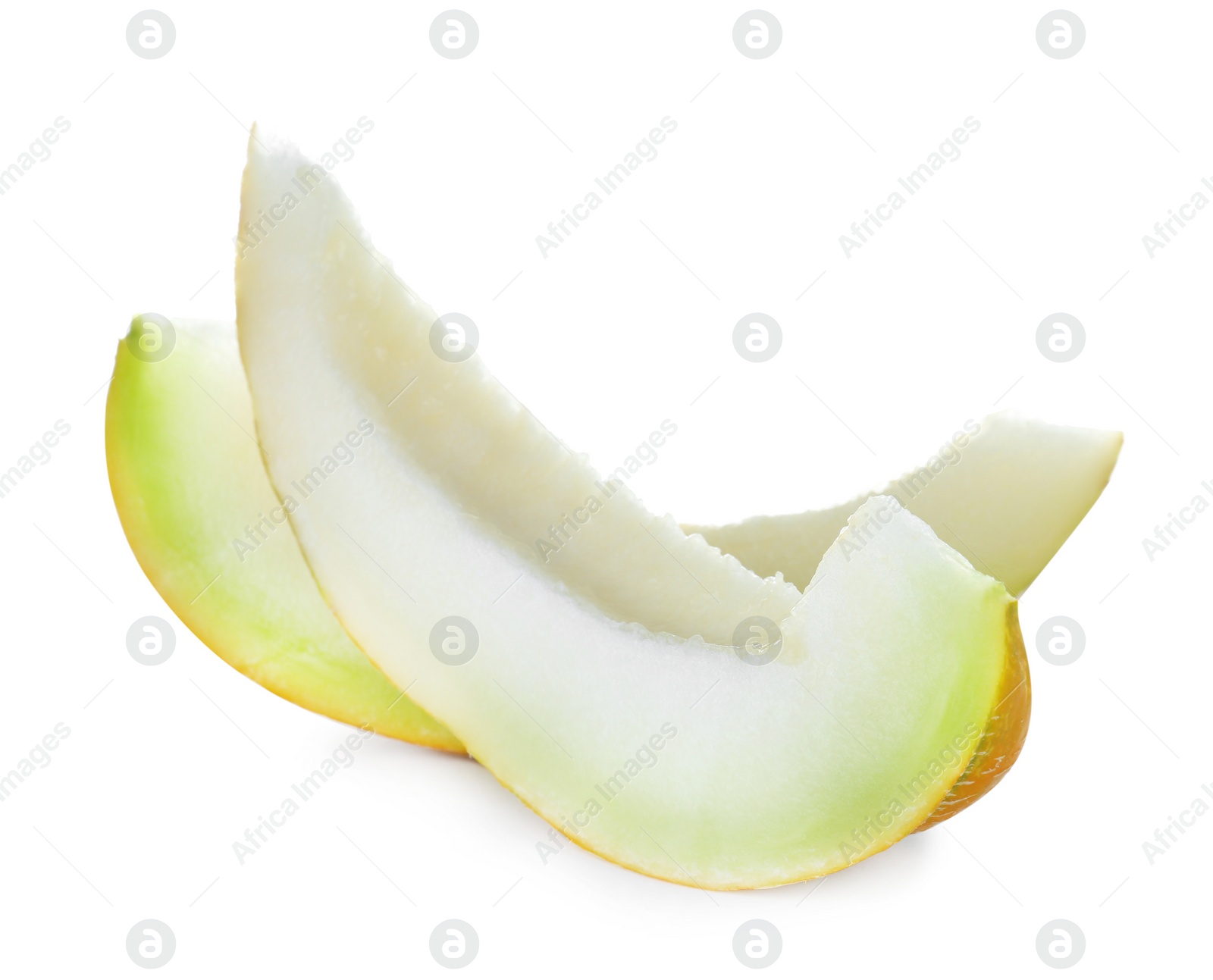 Photo of Slices of tasty ripe melon on white background