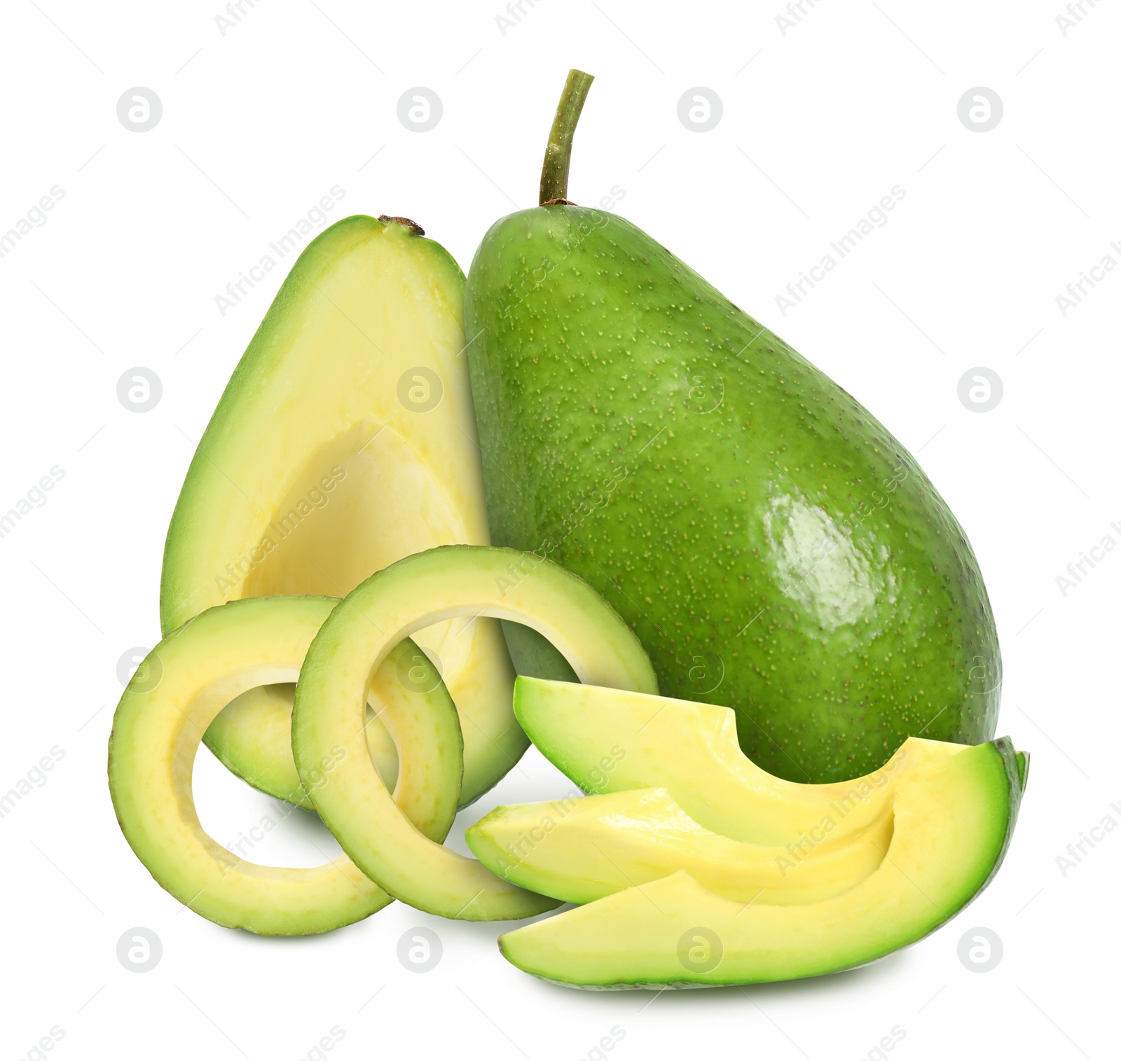 Image of Cut and whole fresh avocados on white background