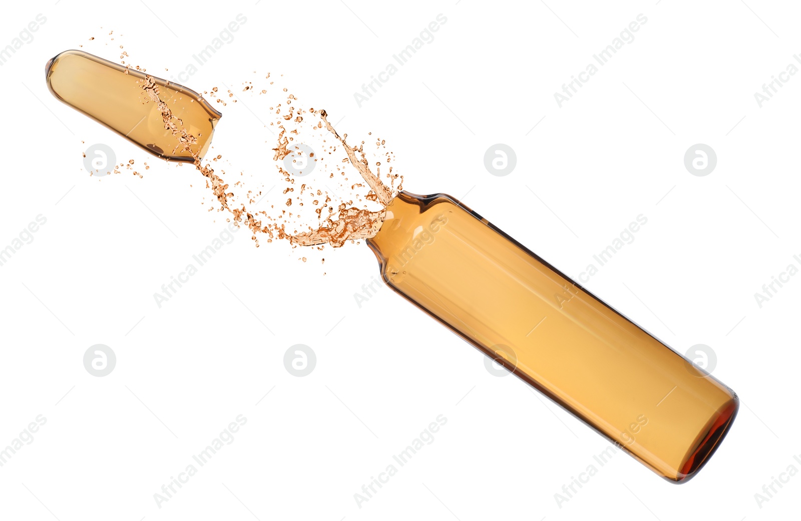 Image of Open glass ampoule with pharmaceutical product on white background