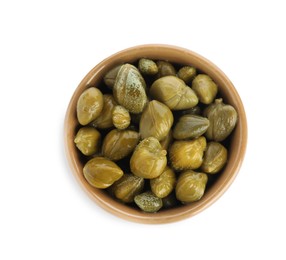 Capers in bowl isolated on white, top view