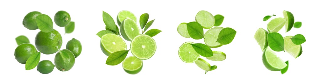 Image of Fresh lime fruits and green leaves falling on white background, collage design