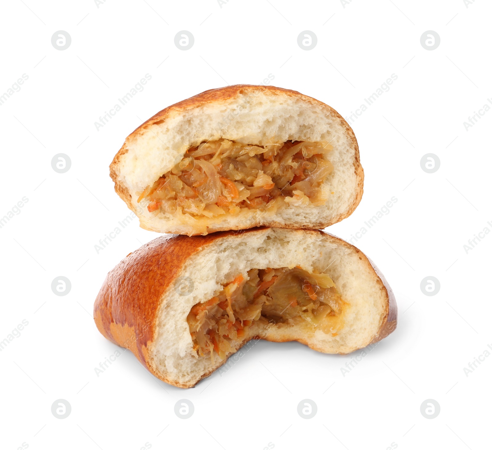 Photo of Delicious baked patty with cabbage on white background