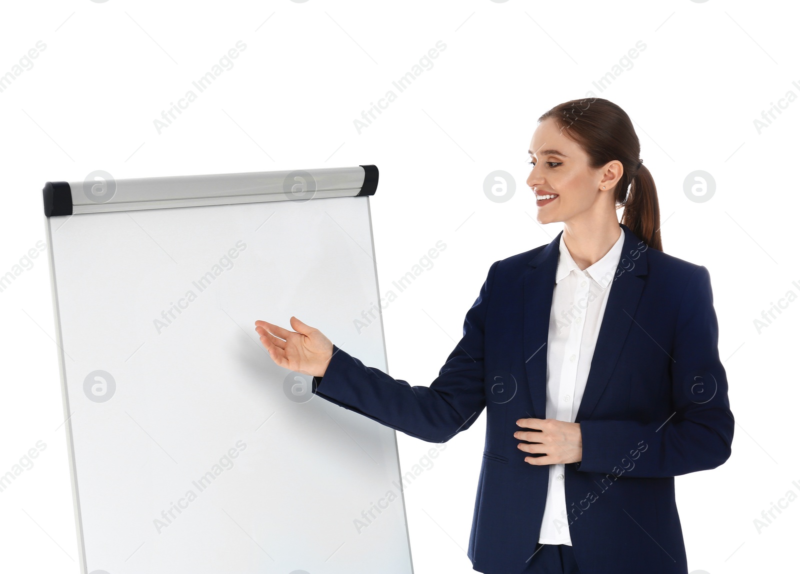 Photo of Professional business trainer near flip chart board on white background. Space for text