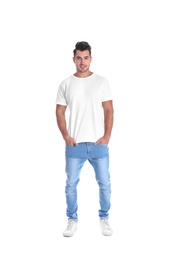 Young man in t-shirt on white background. Mockup for design