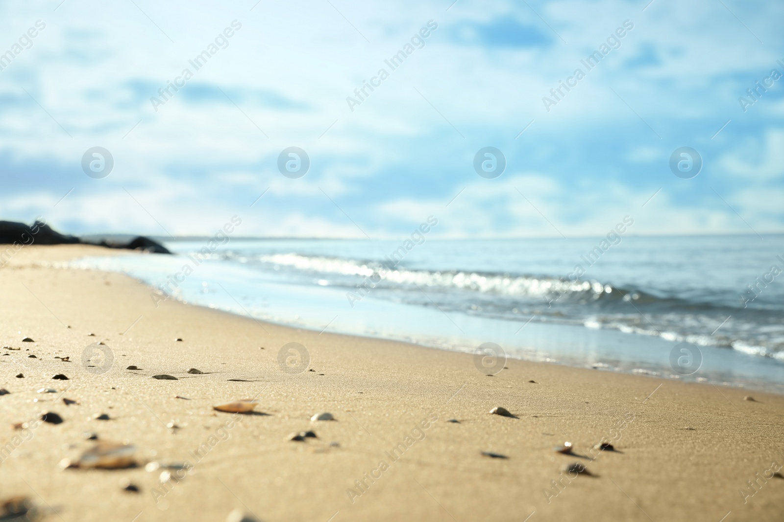 Photo of Beautiful sandy beach and sea under blue sky, closeup