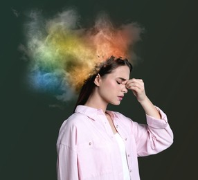 Image of Thoughtful woman with mist in head symbolizing amnesia on dark background