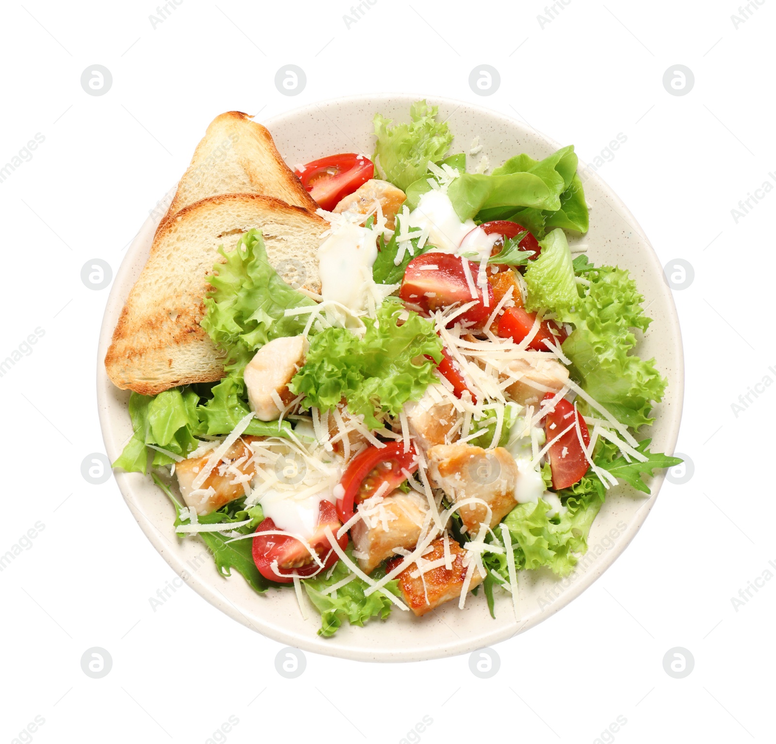 Image of Delicious fresh Caesar salad on white background, top view