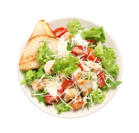 Delicious fresh Caesar salad on white background, top view