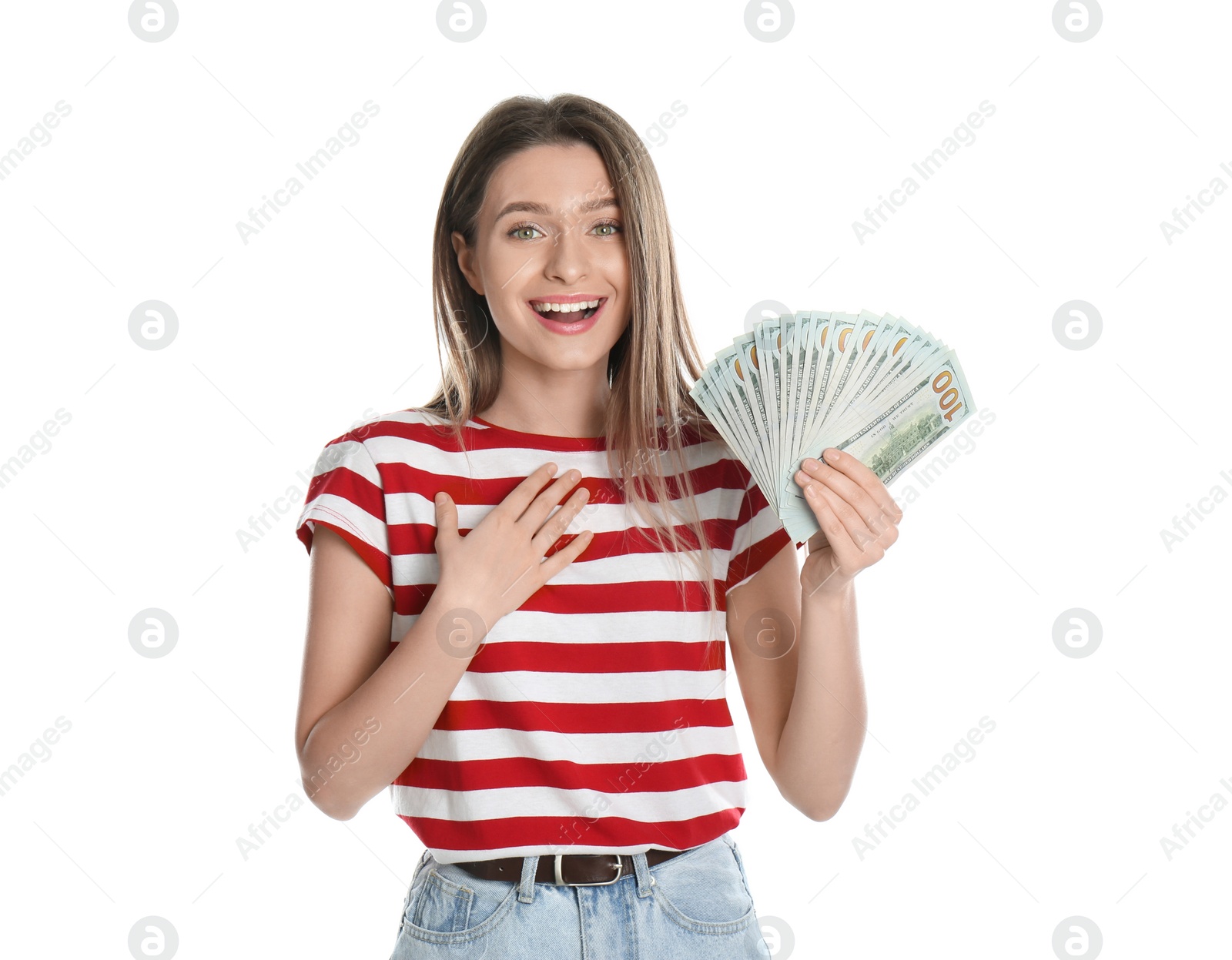 Photo of Young woman with money on white background