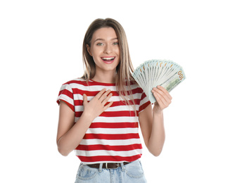 Photo of Young woman with money on white background