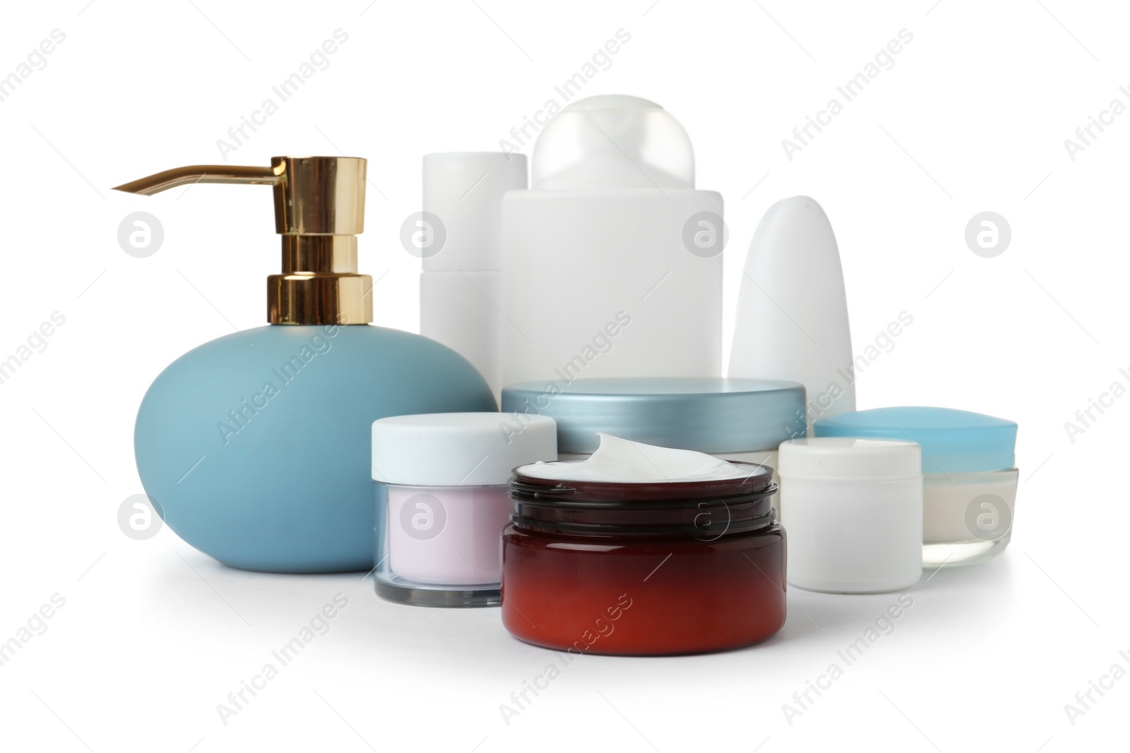 Photo of Different body care products on white background