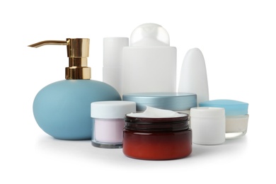 Photo of Different body care products on white background