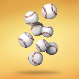 Many baseball balls falling on golden gradient background