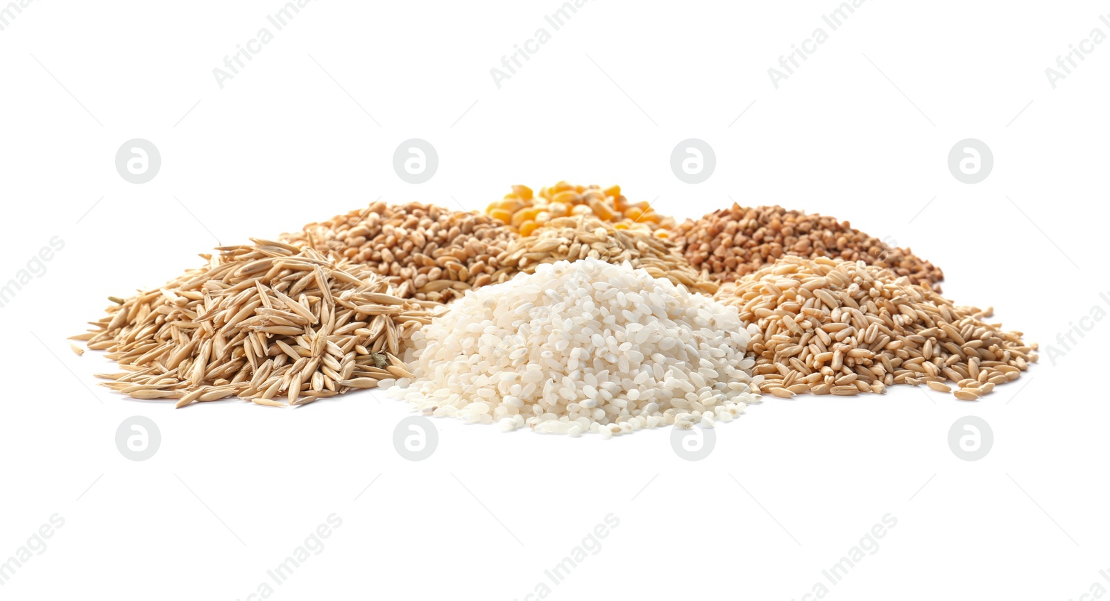 Photo of Different types of grains and cereals on white background