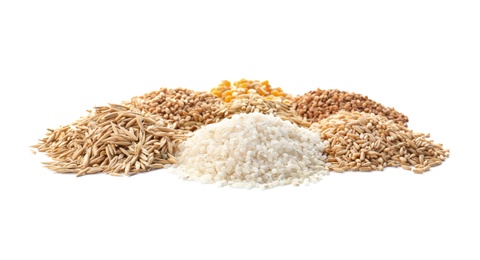 Photo of Different types of grains and cereals on white background