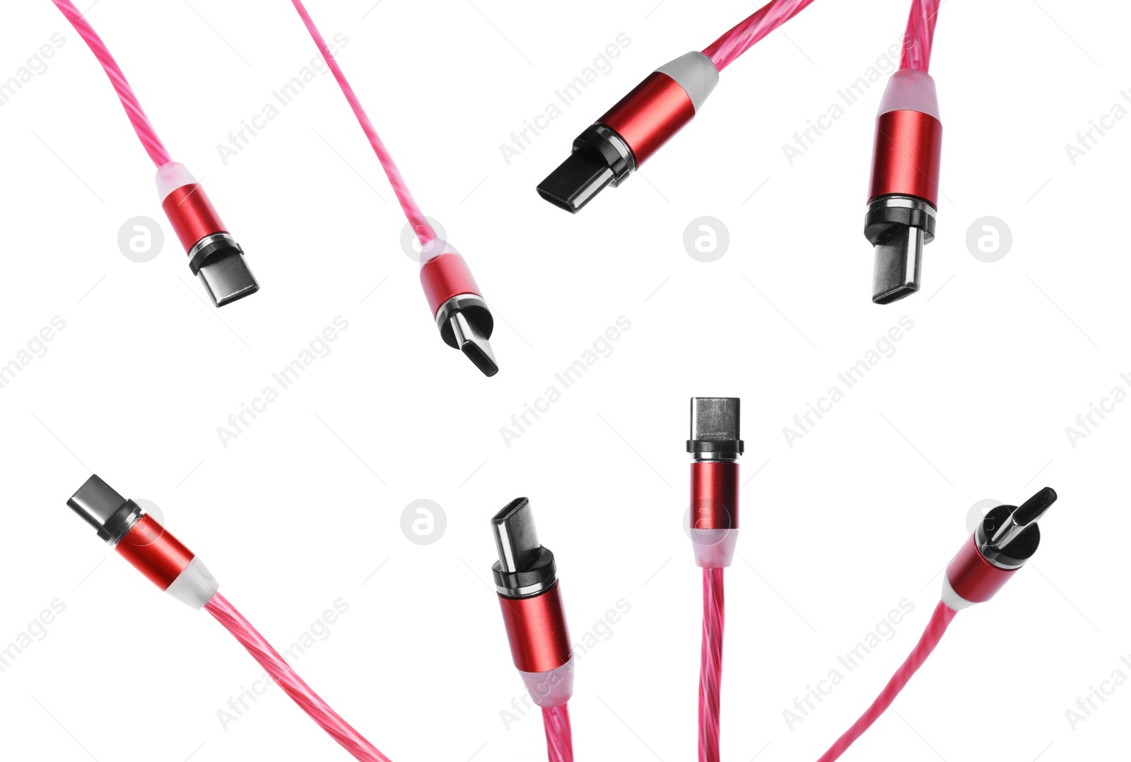 Image of Color cable with type C connectors on white background, views from different sides