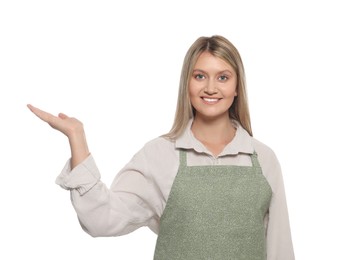 Photo of Beautiful young woman in clean apron on white background