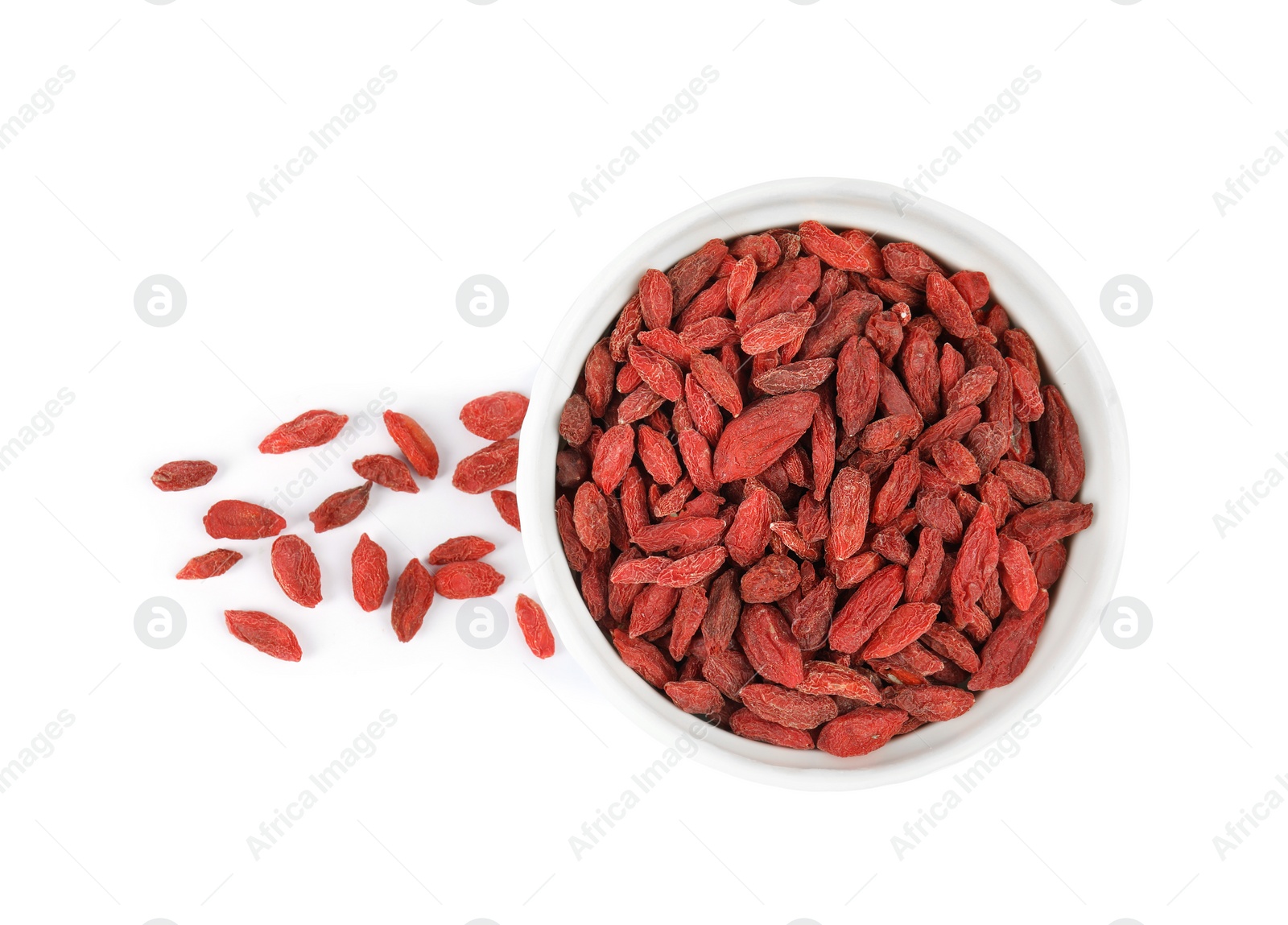 Photo of Bowl with dried goji berries on white background, top view