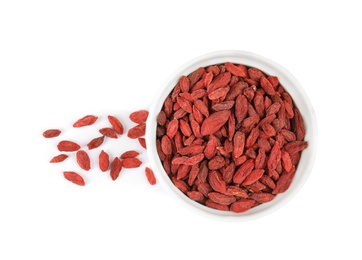 Bowl with dried goji berries on white background, top view