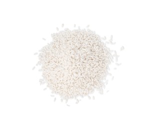 Pile of raw rice isolated on white, top view