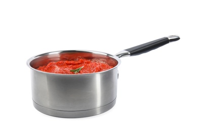 Photo of Delicious tomato sauce in pan isolated on white