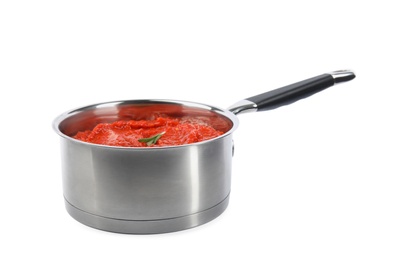 Delicious tomato sauce in pan isolated on white