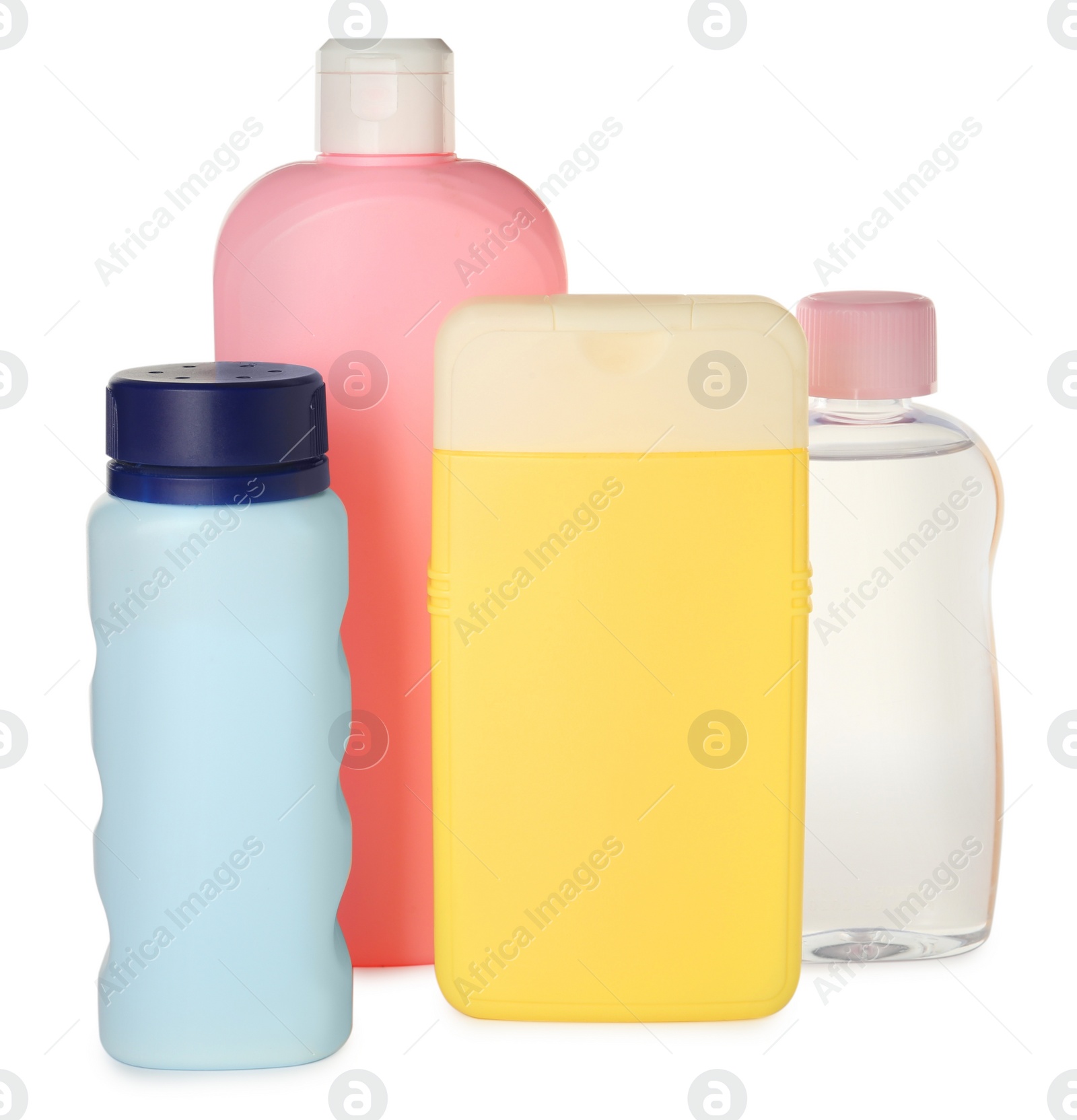 Photo of Bottles of baby cosmetic products on white background