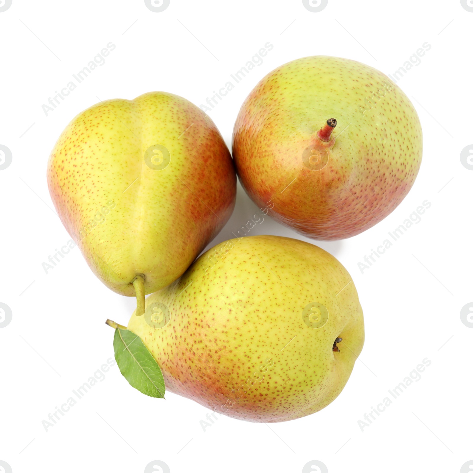 Photo of Heap of ripe juicy pears isolated on white, top view