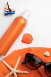 Photo of Flat lay composition with bottle of sunscreen on white background