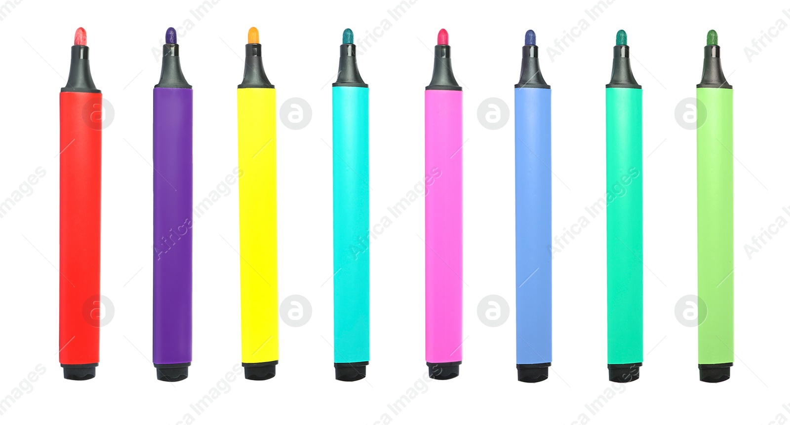Image of Set with bright multicolored marker pens on white background. Banner design