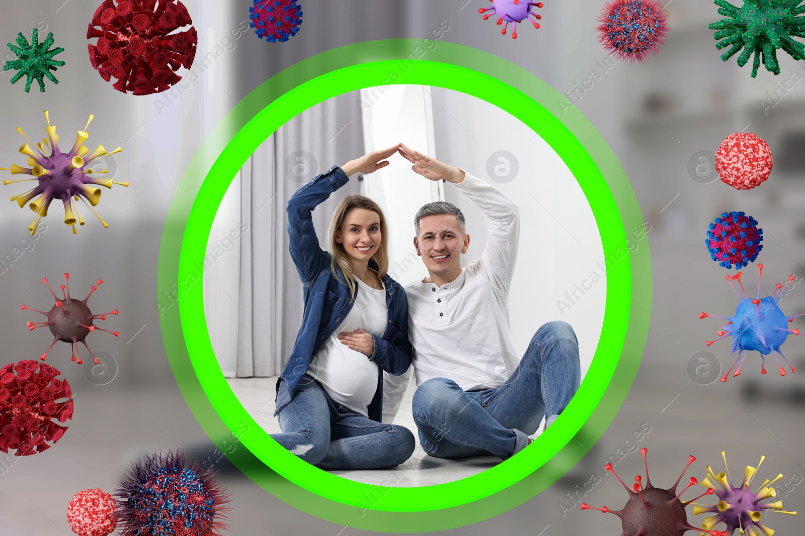 Image of Happy pregnant woman and her man at home. Strong immunity - resistance against infections. Illustration of viruses