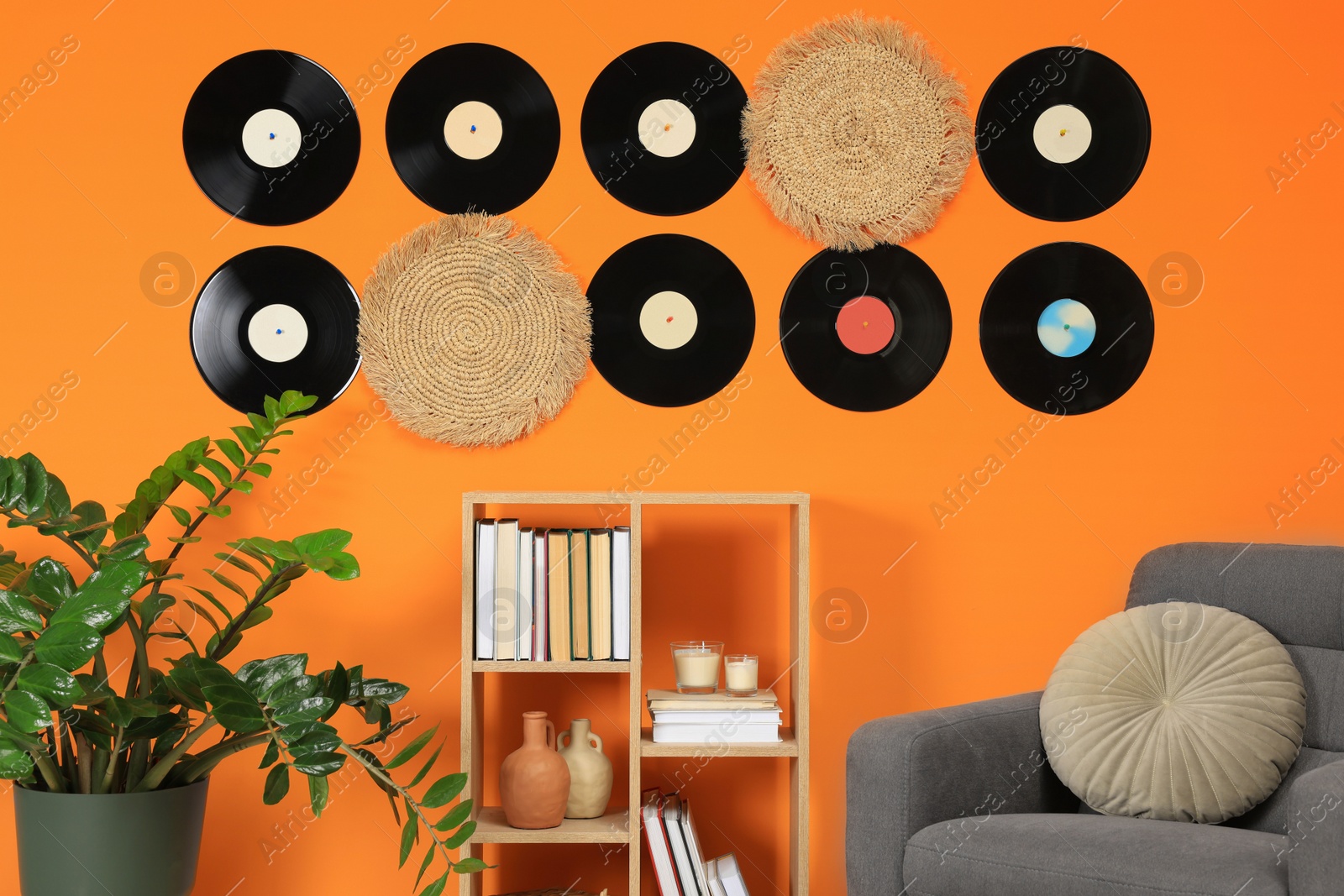 Photo of Living room interior decorated with vinyl records