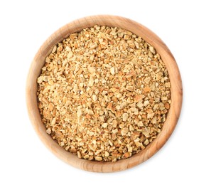 Photo of Bowl of dried orange zest seasoning isolated on white, top view