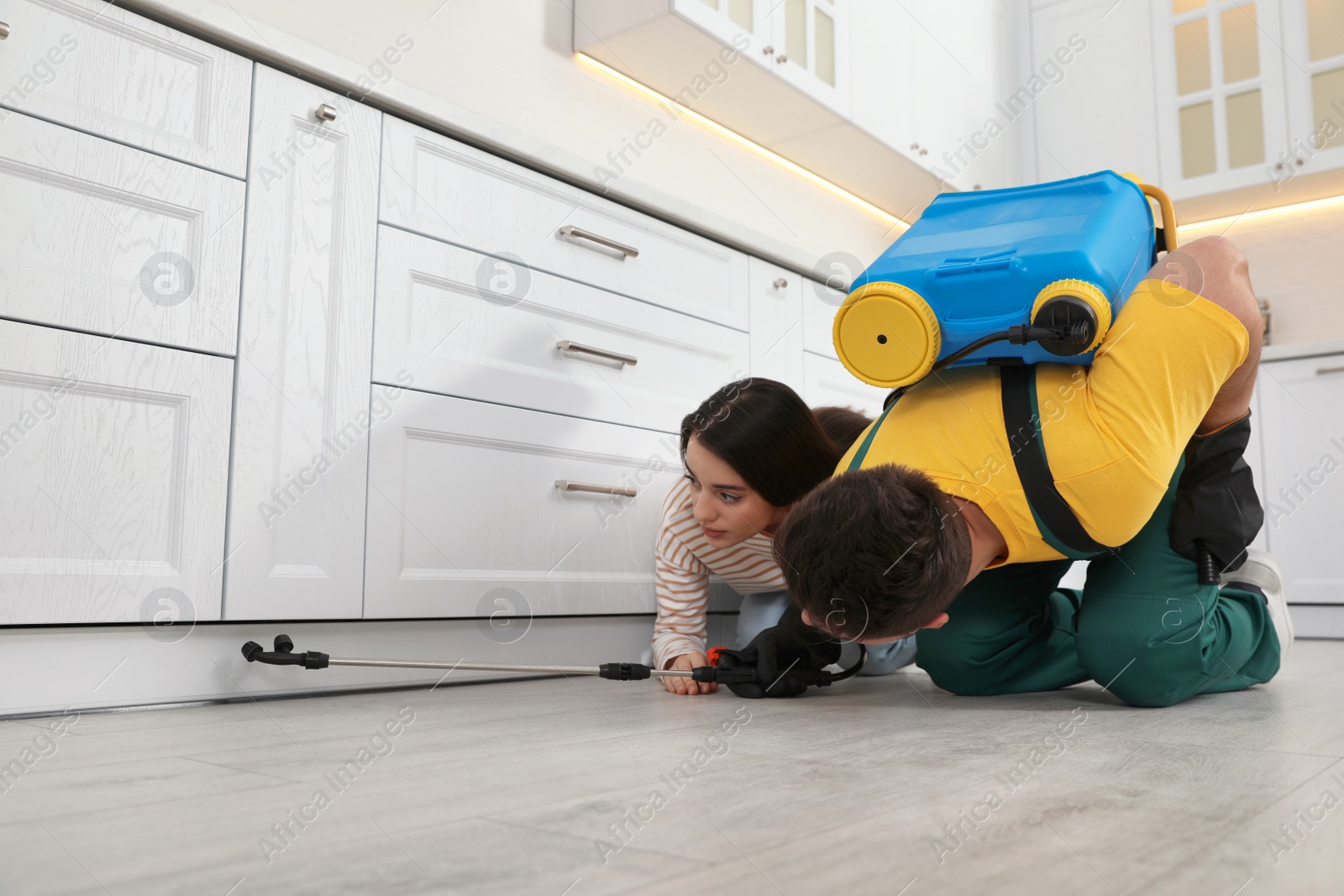 Photo of Woman showing insect traces to pest control worker in kitchen